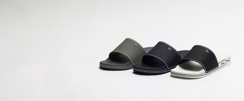 Glides brand slides in Gray, Navy, and White on a white background.